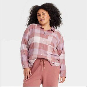 Ava & Viv women's Long Sleeve Flannel Button Down Shirt Blush plaid size 3X NWT